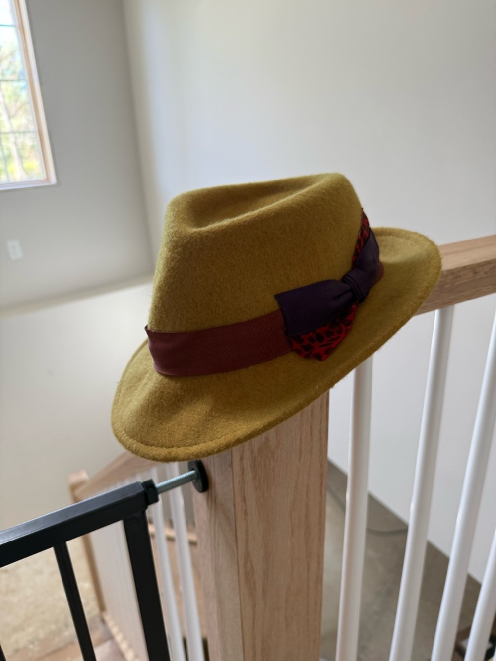 Grace Hats Mustard Yellow Wool Fedora with Burgundy Band and Bow